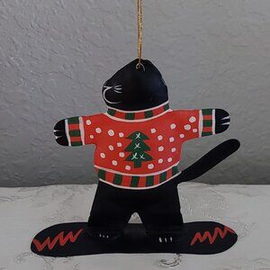 Unique Black Metal Cat on Snowboard Christmas Tree Ornament